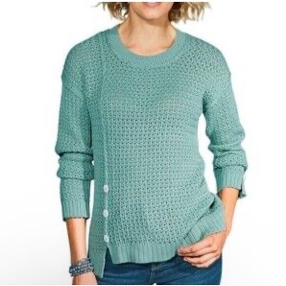 Soft Surroundings Cashmere Blend Sweater XS Blue Green Chunky Knit Buttons - Picture 1 of 6